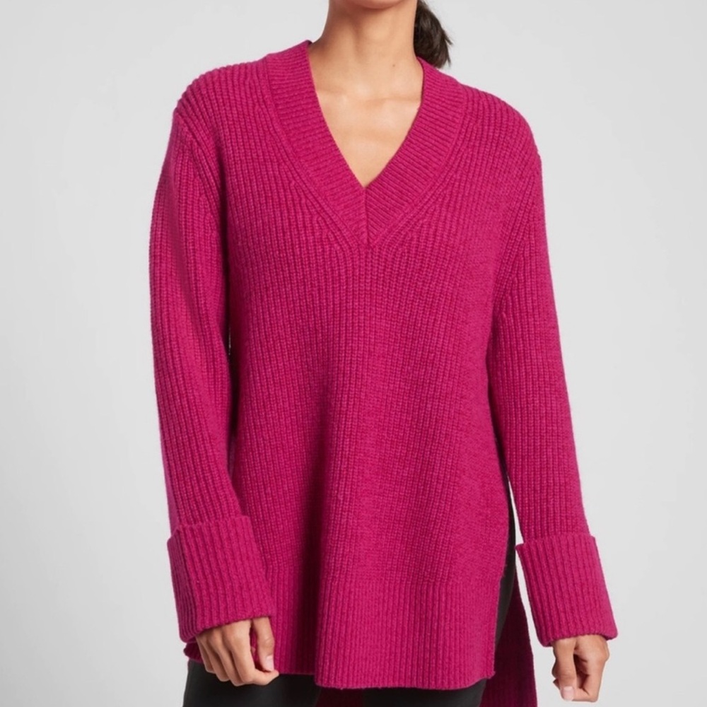 Athleta Shasta Pink V-Neck Stretch Sweater Side Slits Wool Blend Oversized